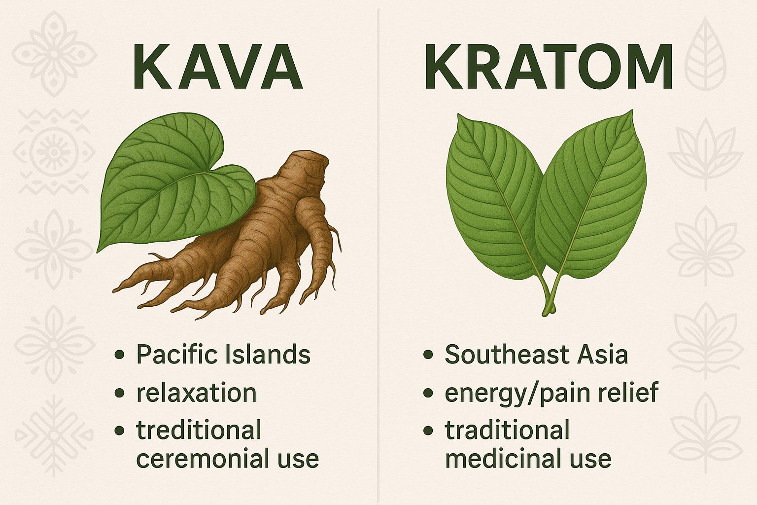 Kava roots and Kratom leaves side by side on a wooden surface, illustrating the key differences between these two natural herbal supplements.