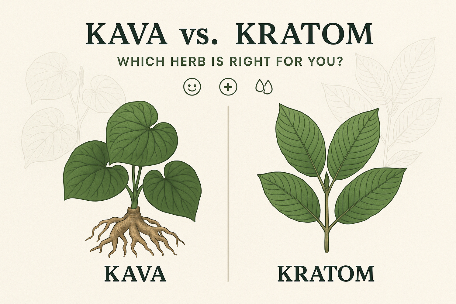 Kava roots and Kratom leaves displayed side by side on a wooden surface with a cup of kava tea, representing a comparison to help determine which herb is right for you
