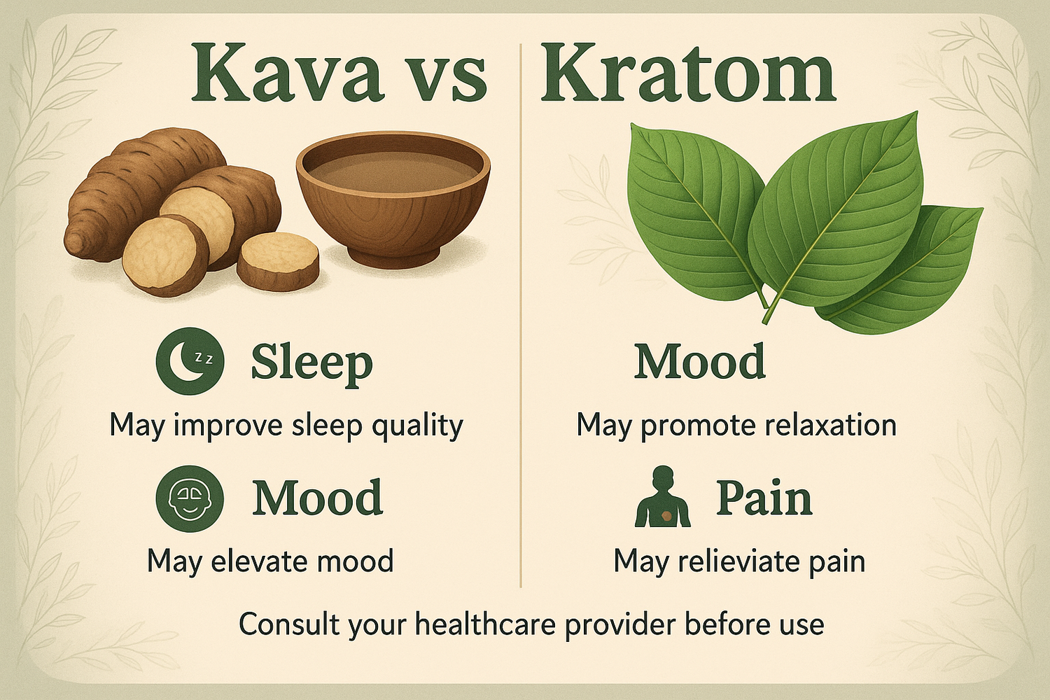 Kava roots and Kratom leaves displayed side by side on a wooden surface, representing a comparison of their effects on sleep, mood, and pain relief