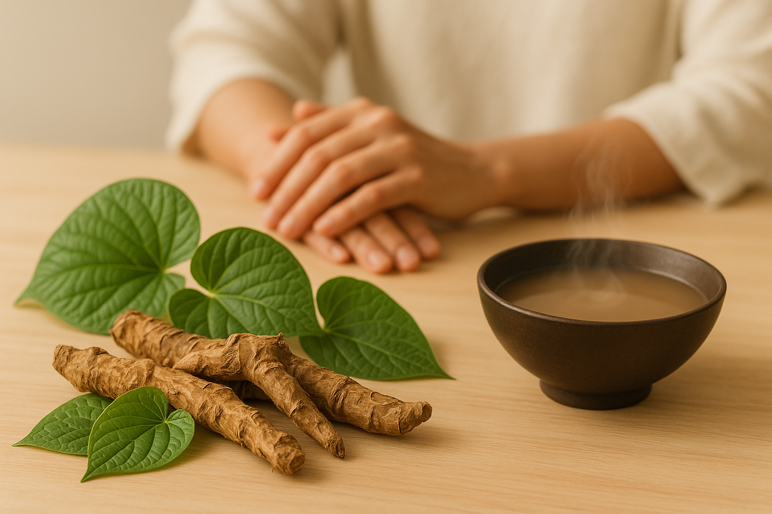 A cup of kava tea with kava roots on a wooden surface, symbolizing its use as a natural muscle relaxer and calming herbal supplement.