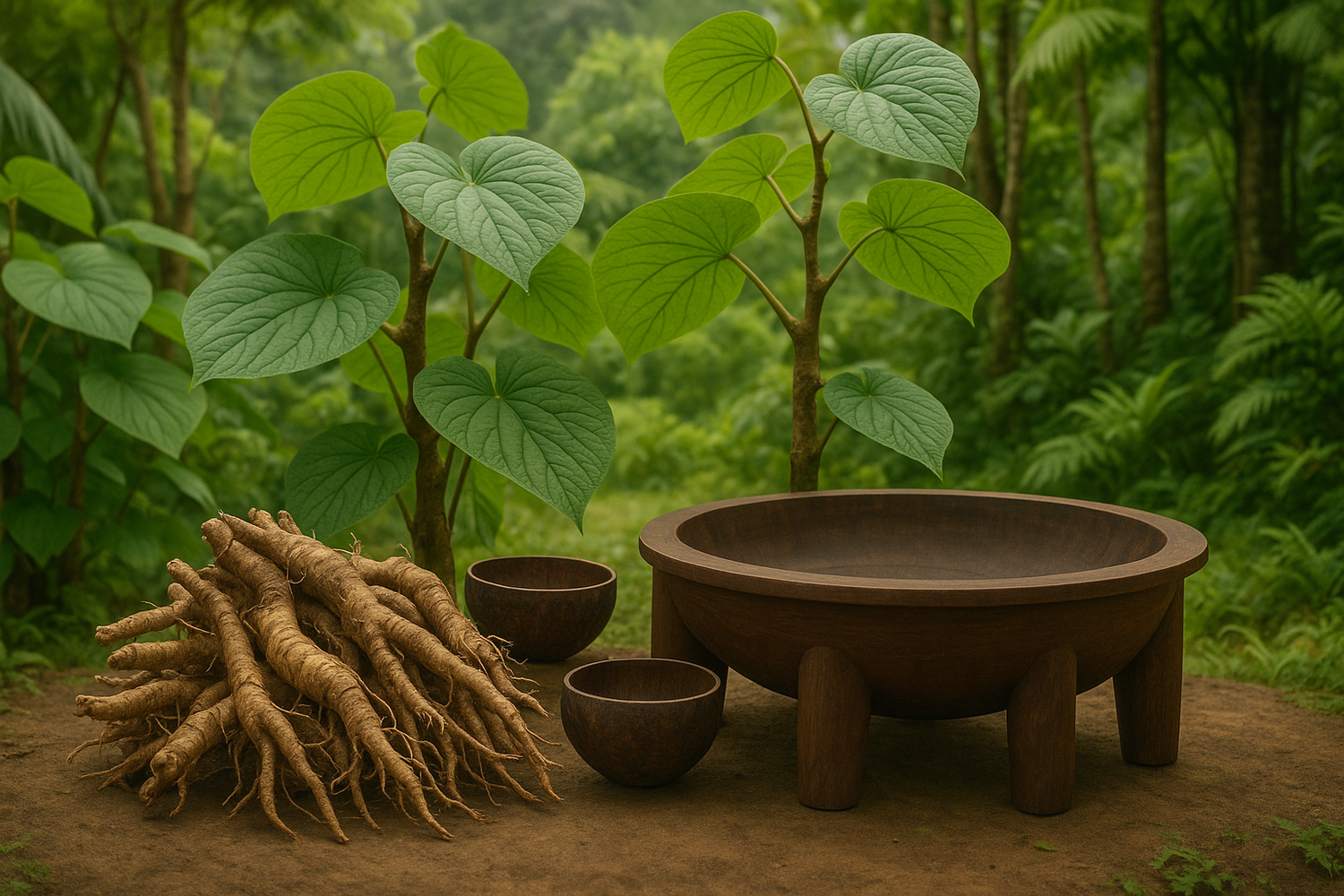 Kava root, powder, and a prepared kava drink on a wooden table, representing the kava plant and its traditional use as a calming herbal beverage.