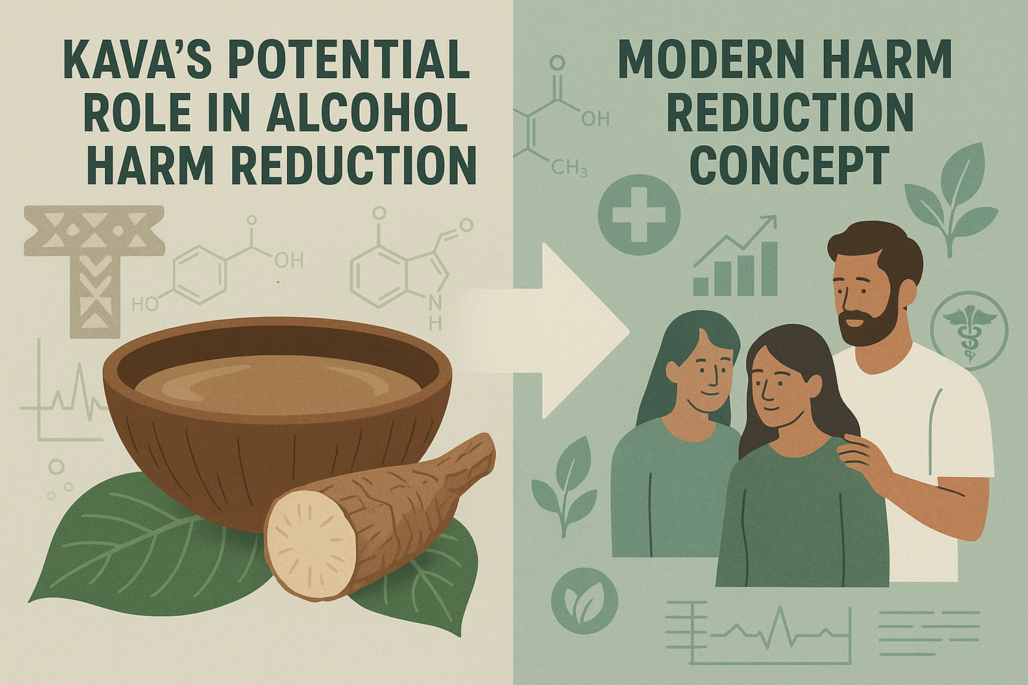 A cup of kava tea with kava roots on a wooden surface, symbolizing kava’s potential role in supporting harm reduction and reducing alcohol dependency.