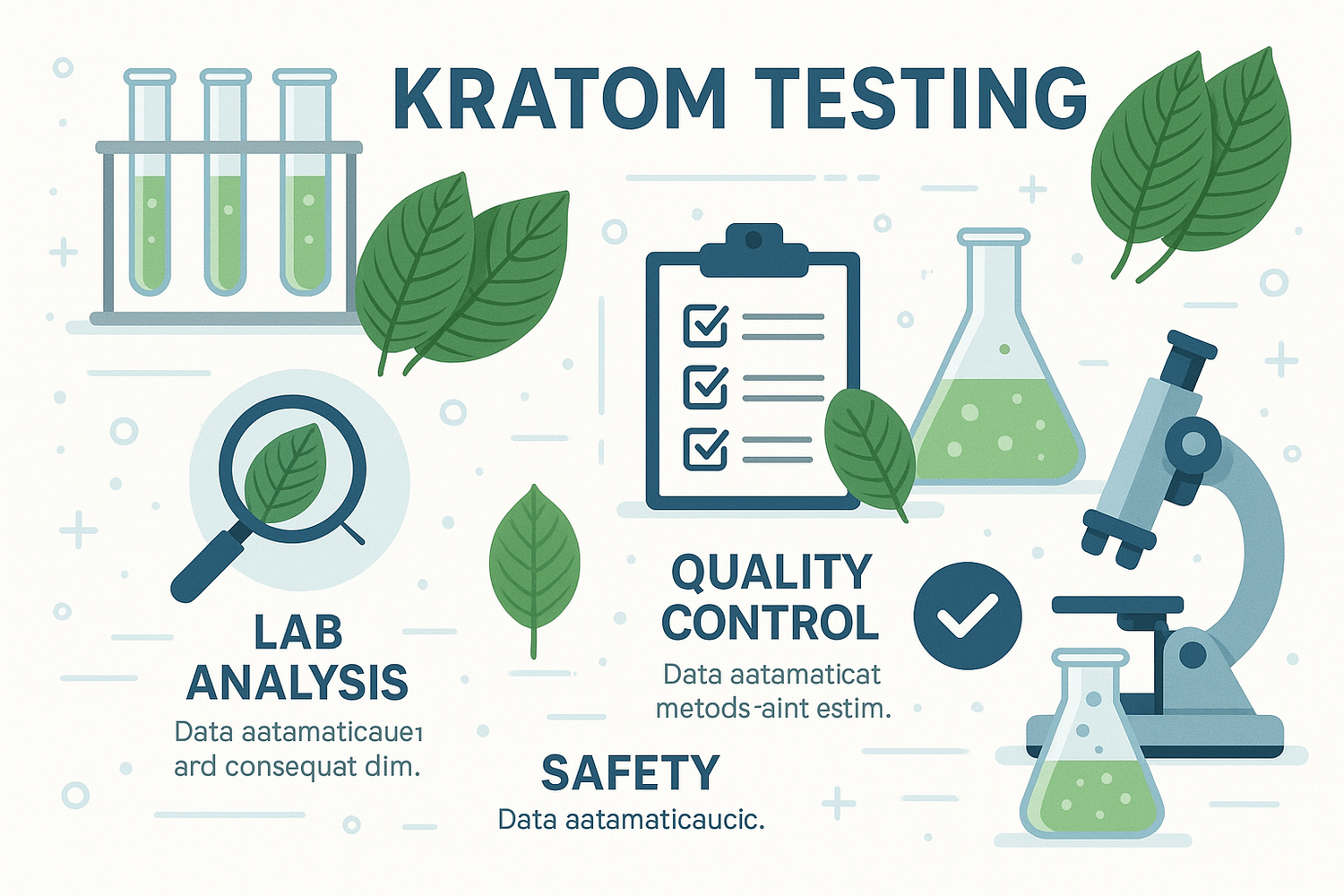 Kratom leaves and powder on a wooden surface next to a drug test kit, representing what shows up on tests, duration, and potential risks of kratom use