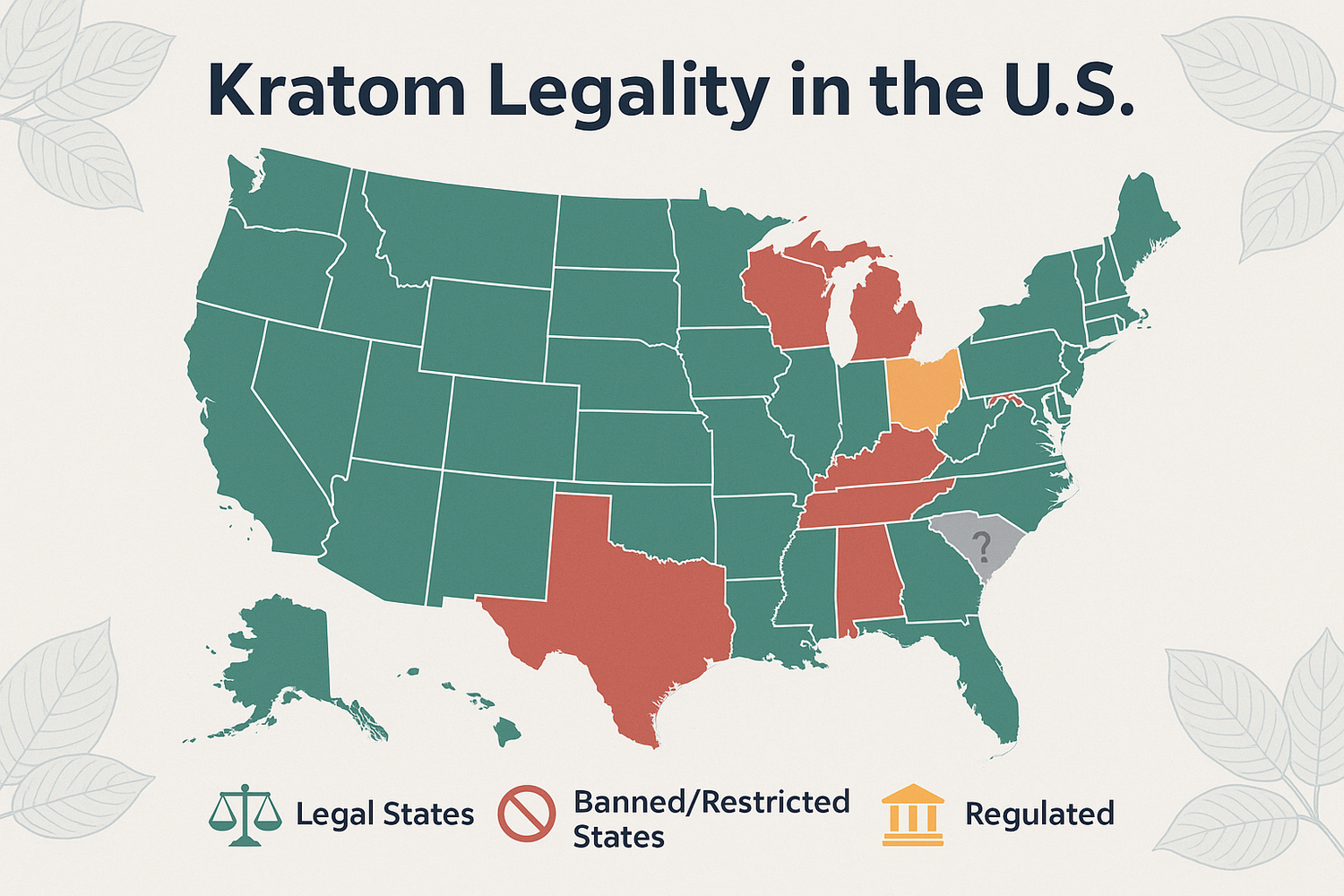 Kratom leaves and powder on a wooden surface with a U.S. map overlay, illustrating its legal status, banned areas, and future regulations in the United States
