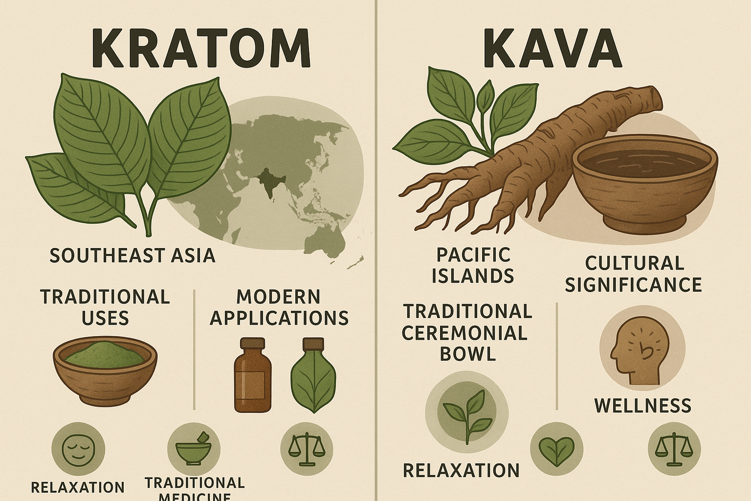 Kratom leaves and Kava roots displayed side by side on a wooden surface, symbolizing a comparison of their origins, benefits, and legal considerations.