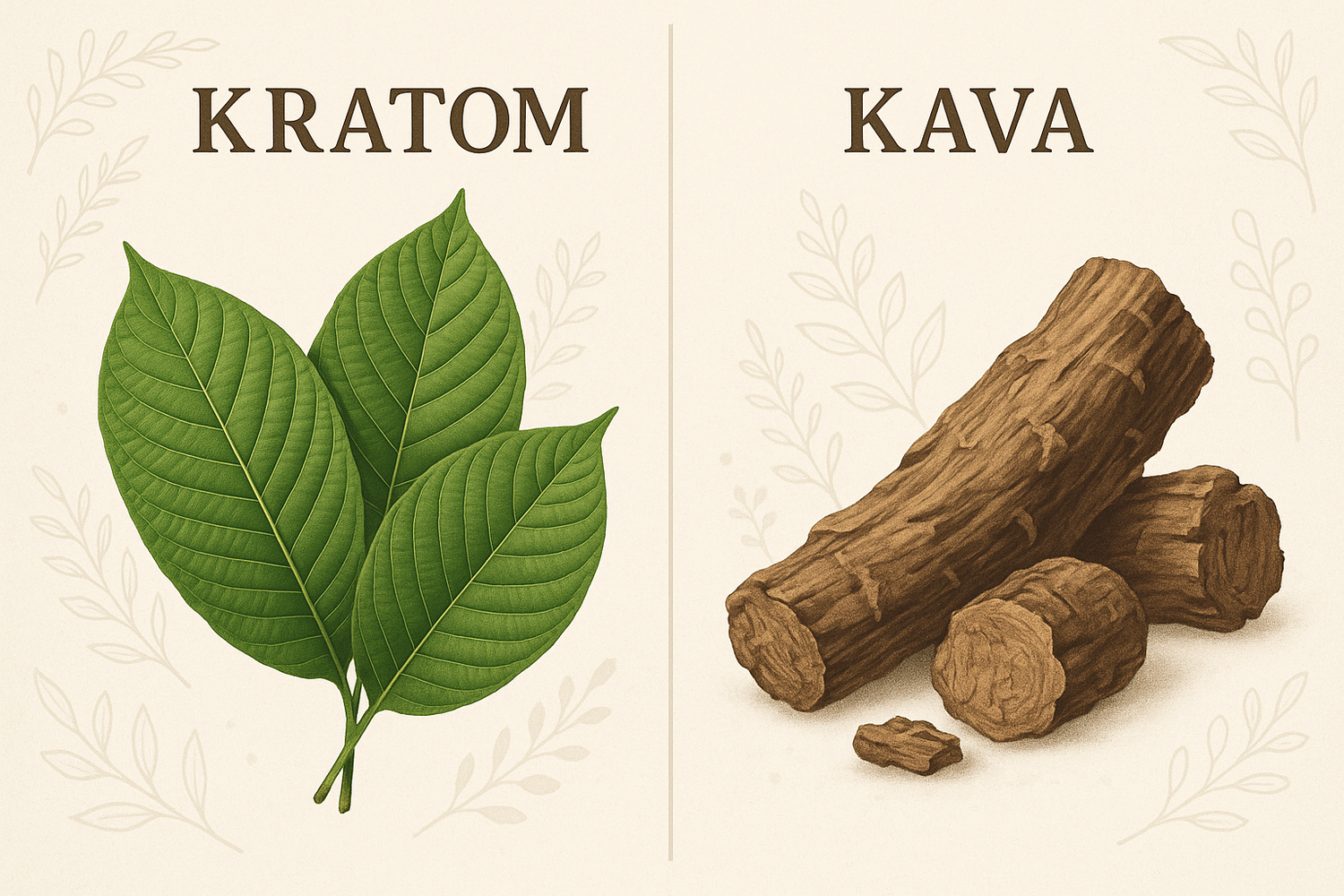 Kratom leaves and Kava roots displayed side by side on a wooden surface, illustrating the comparison between the two herbal remedies and helping users choose the right one.
