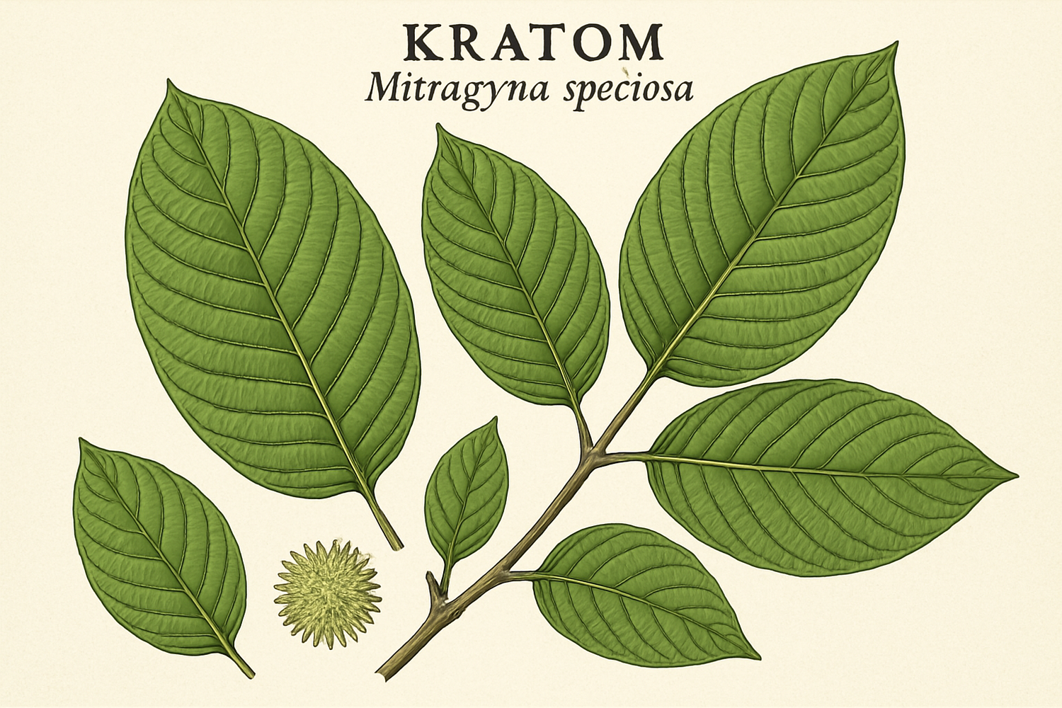 Fresh Kratom leaves and powder displayed on a wooden surface, representing the kratom plant and its uses as a natural herbal supplement.