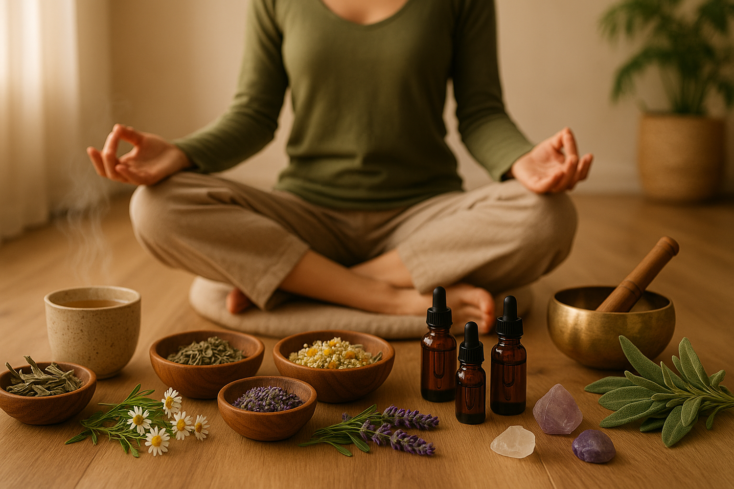A cup of herbal tea on a meditation mat with yoga props and calming herbs, representing the use of herbal supplements to enhance mindfulness and meditation practices