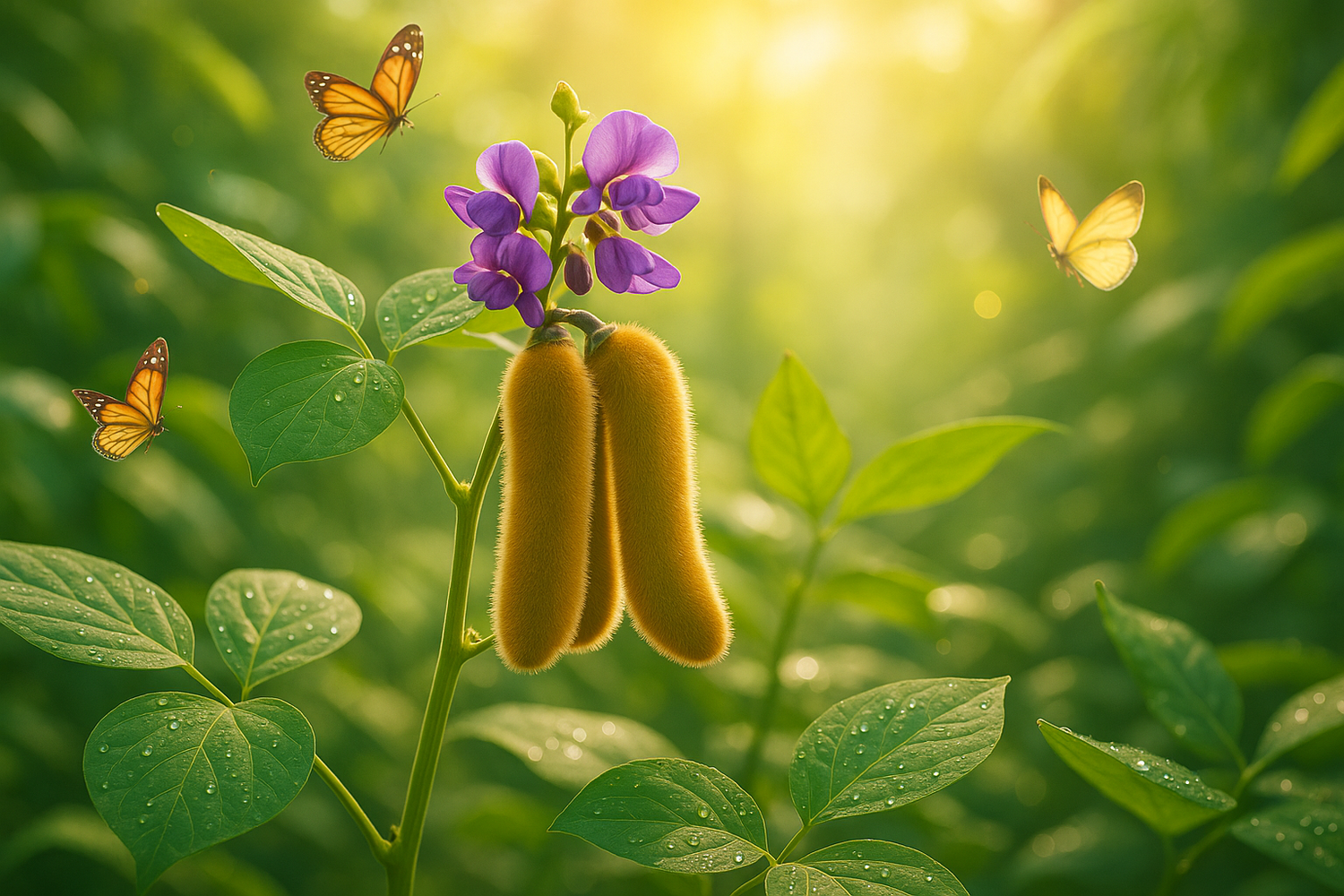 Mucuna pruriens beans and pods displayed on a wooden surface, representing its role in supporting mood, nervous system health, and overall well-being.