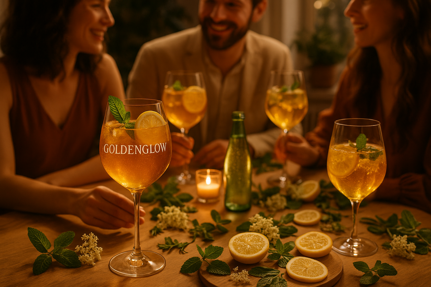 A cup of Goldenglow kava drink on a table with social setting elements, representing a natural alternative to alcohol for enjoying social moments.