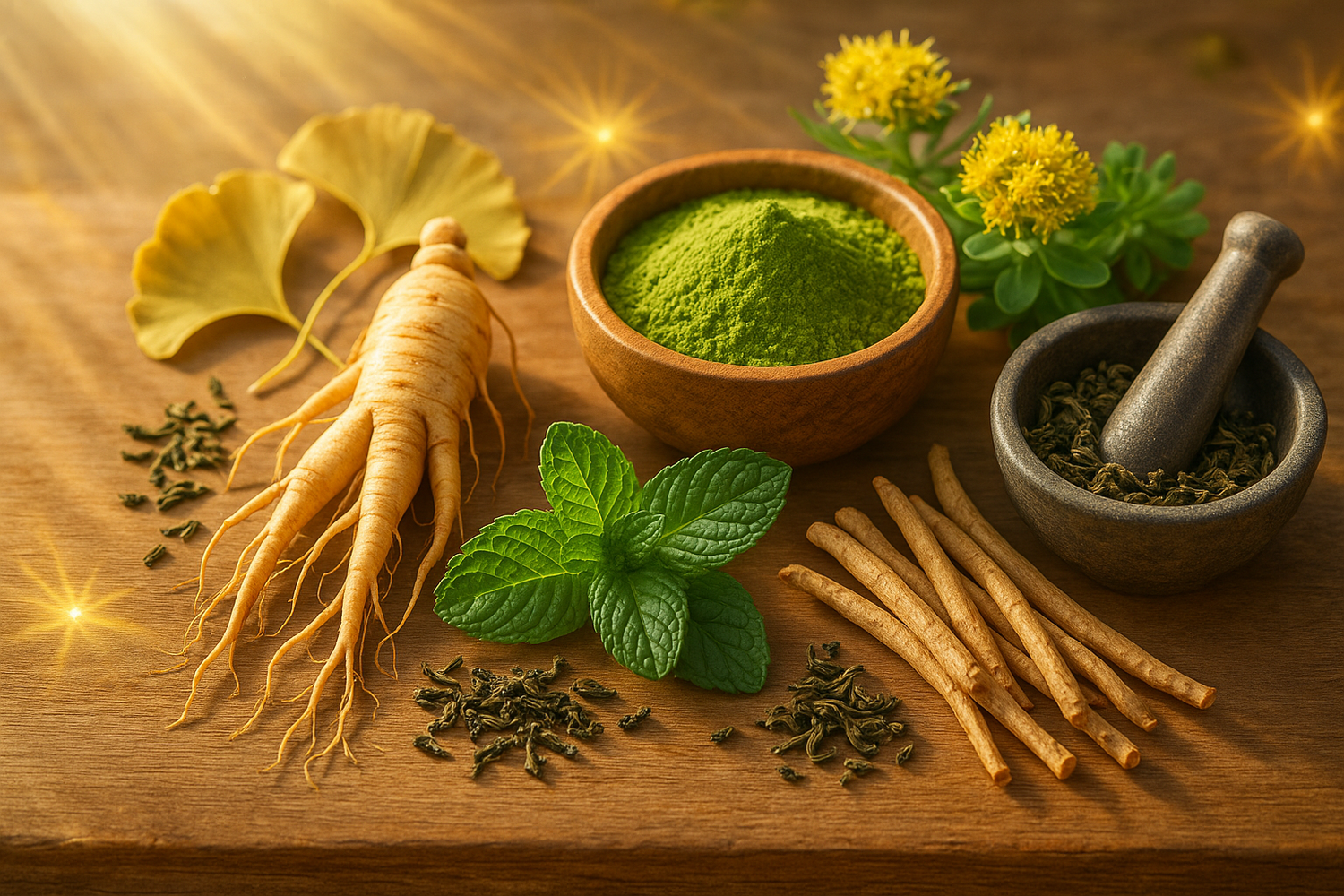 A selection of energizing herbs, roots, and herbal teas arranged on a wooden surface, representing natural ingredients that provide an energy boost