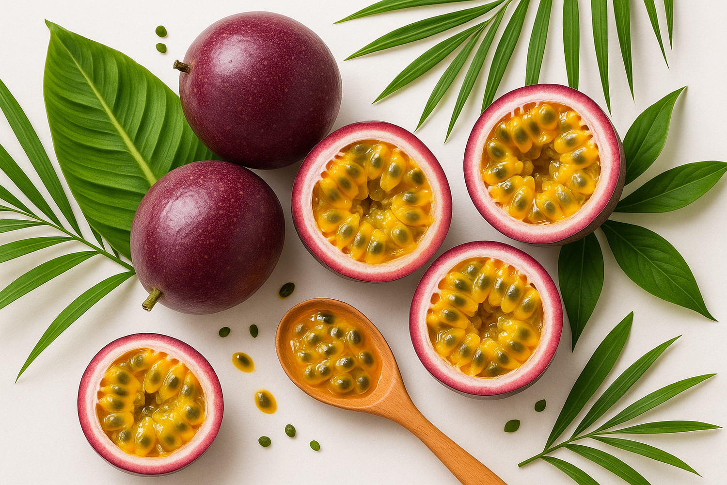 Fresh passion fruit cut open on a wooden table, highlighting its tropical flavor and health benefits