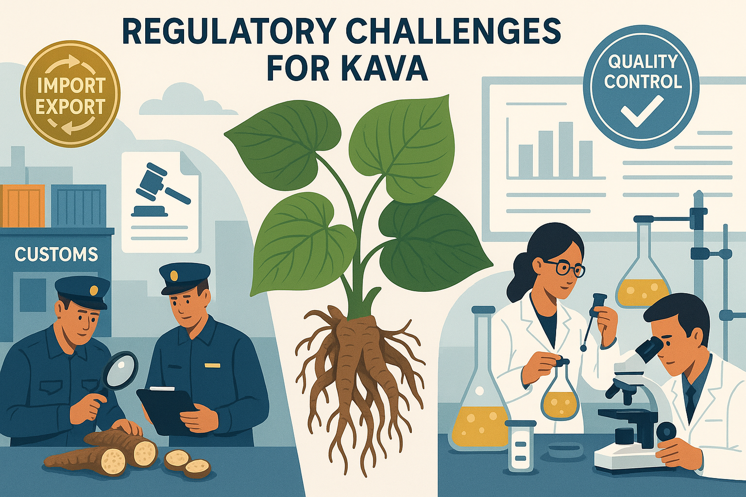 Kava roots, powder, and a cup of kava tea on a table with subtle regulatory icons, representing challenges in import, quality control, and standardization of kava products.