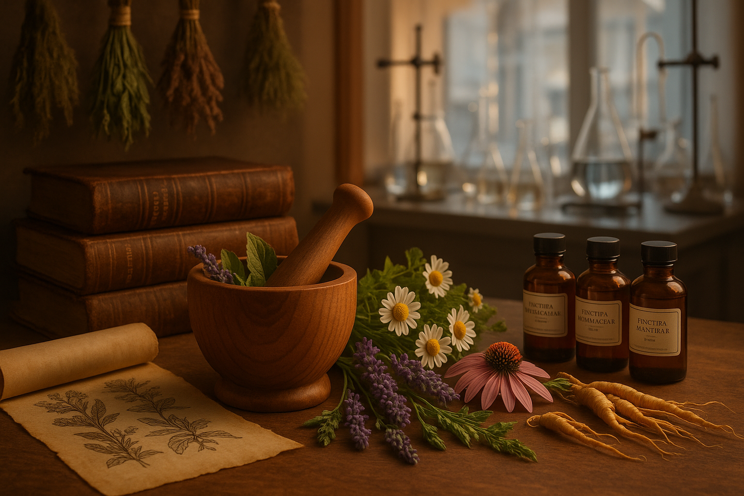 A variety of traditional herbs, roots, and powders arranged on a wooden surface, representing the ancient wisdom of herbal medicine applied in modern wellness practices