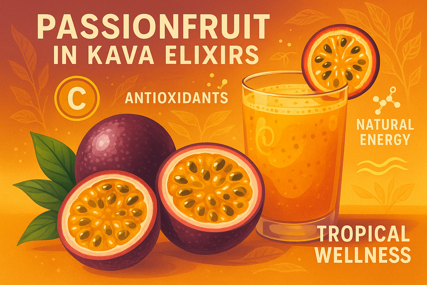 Fresh passionfruit cut open on a wooden surface, representing its nutritional benefits and use as an ingredient in kava elixirs.