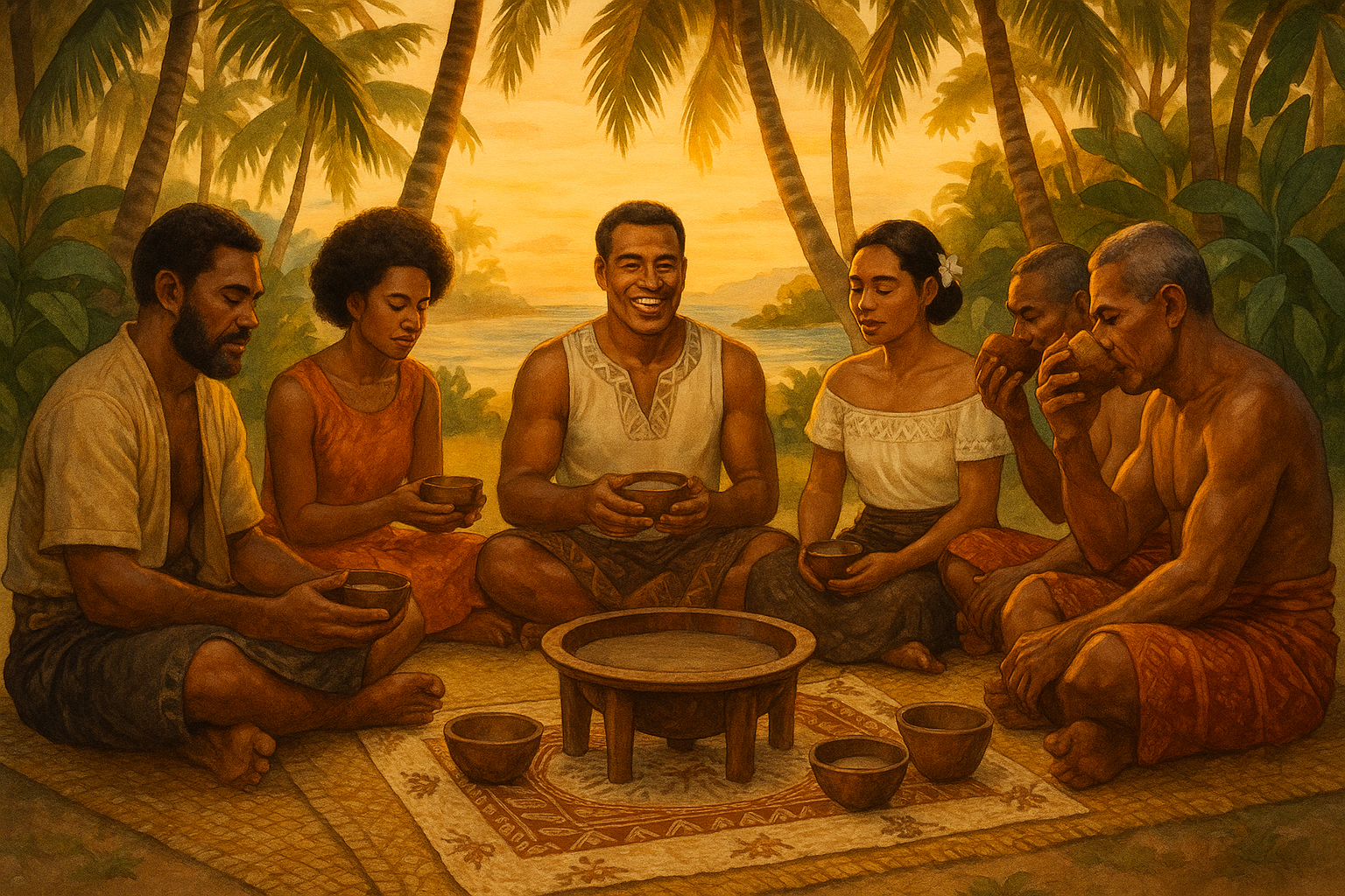 Traditional Bilo-style kava served in coconut cups on a wooden table, representing the cultural ritual of sipping kava in Pacific Island traditions.