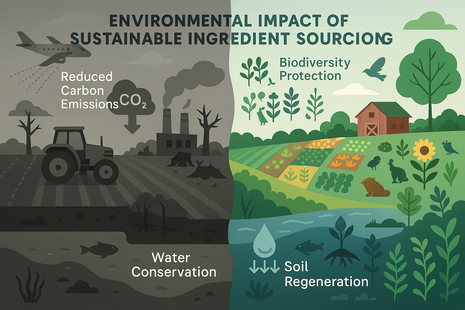 Fresh herbs and plant ingredients in a natural setting with hands harvesting them, representing sustainable ingredient sourcing and its environmental impact.