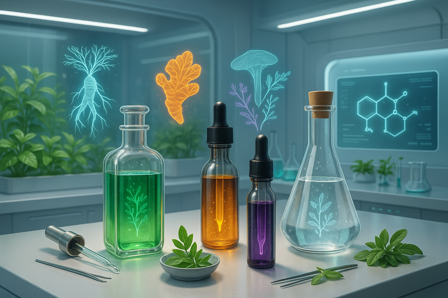 A variety of modern herbal elixirs in cups and bottles arranged on a wooden surface with fresh herbs, representing innovations and future trends in herbal wellness.