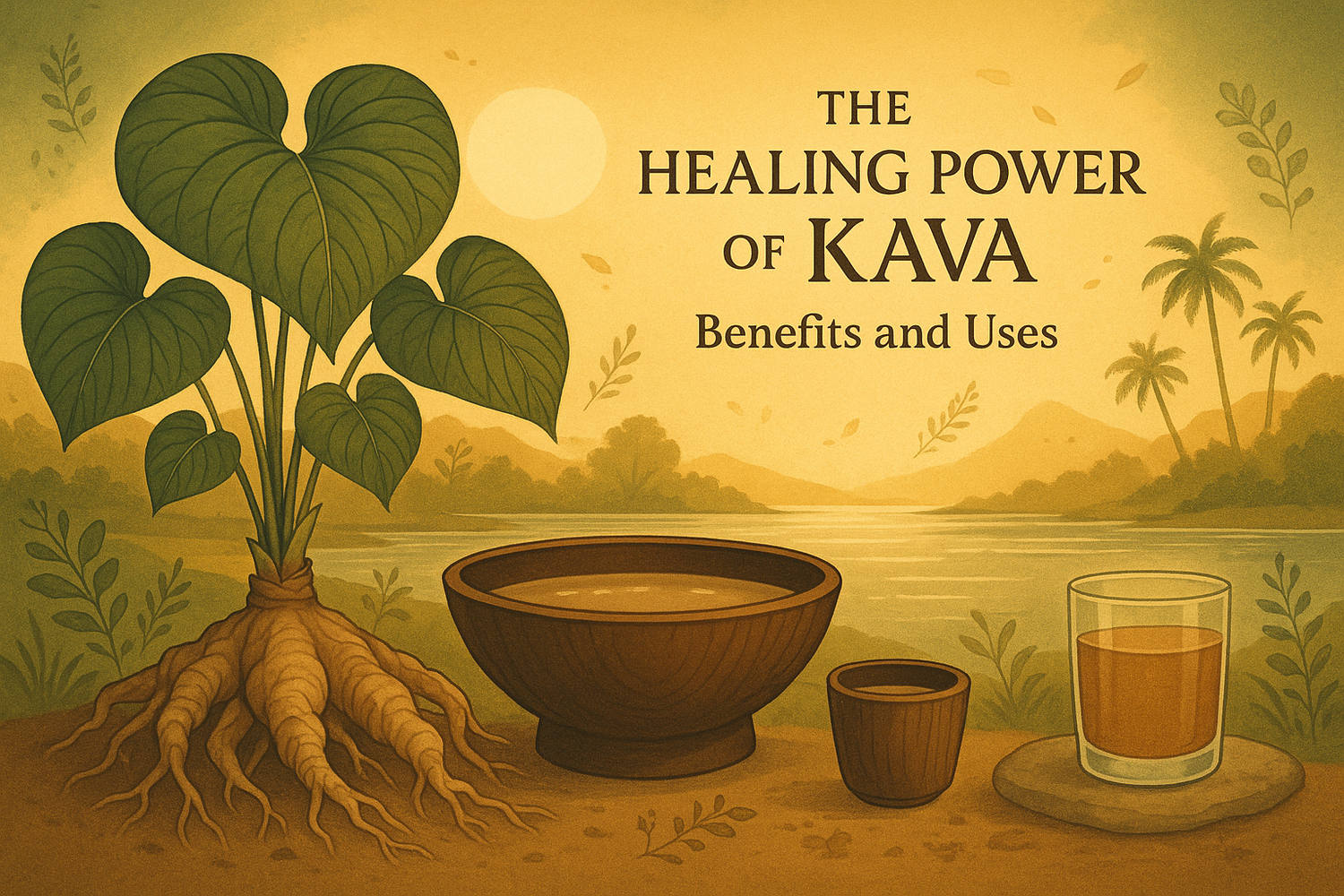 A cup of kava tea with kava roots and leaves on a wooden surface, representing the healing benefits and uses of kava