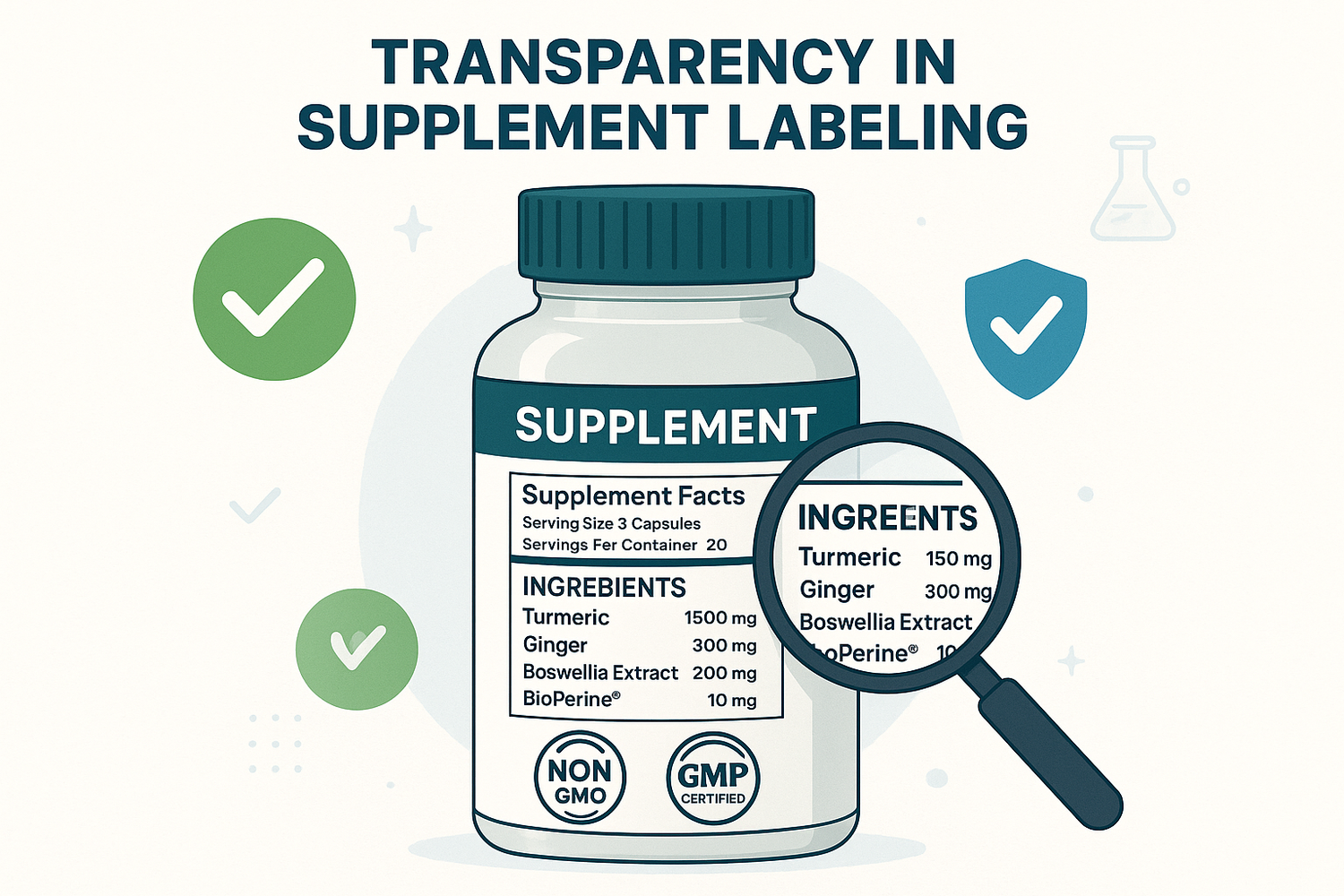 A close-up of supplement bottles and labels on a wooden surface, highlighting clear ingredient information and transparency in supplement labeling.