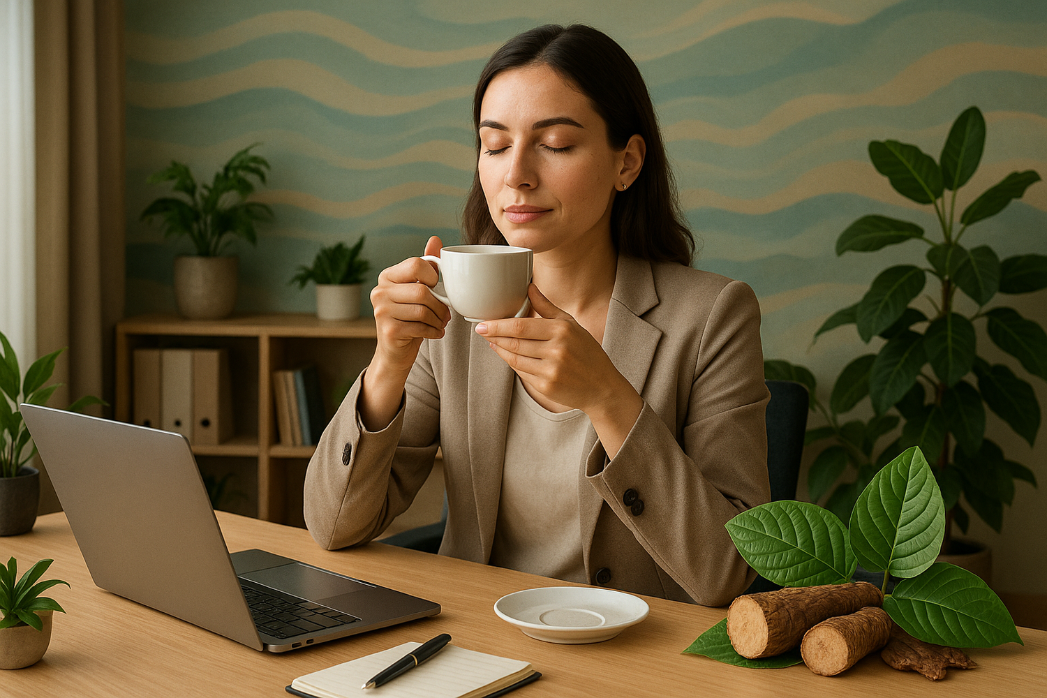 A cup of kava tea on an office desk with a laptop and work documents, representing kava’s potential role in supporting mental health and reducing employee burnout in the workplace.