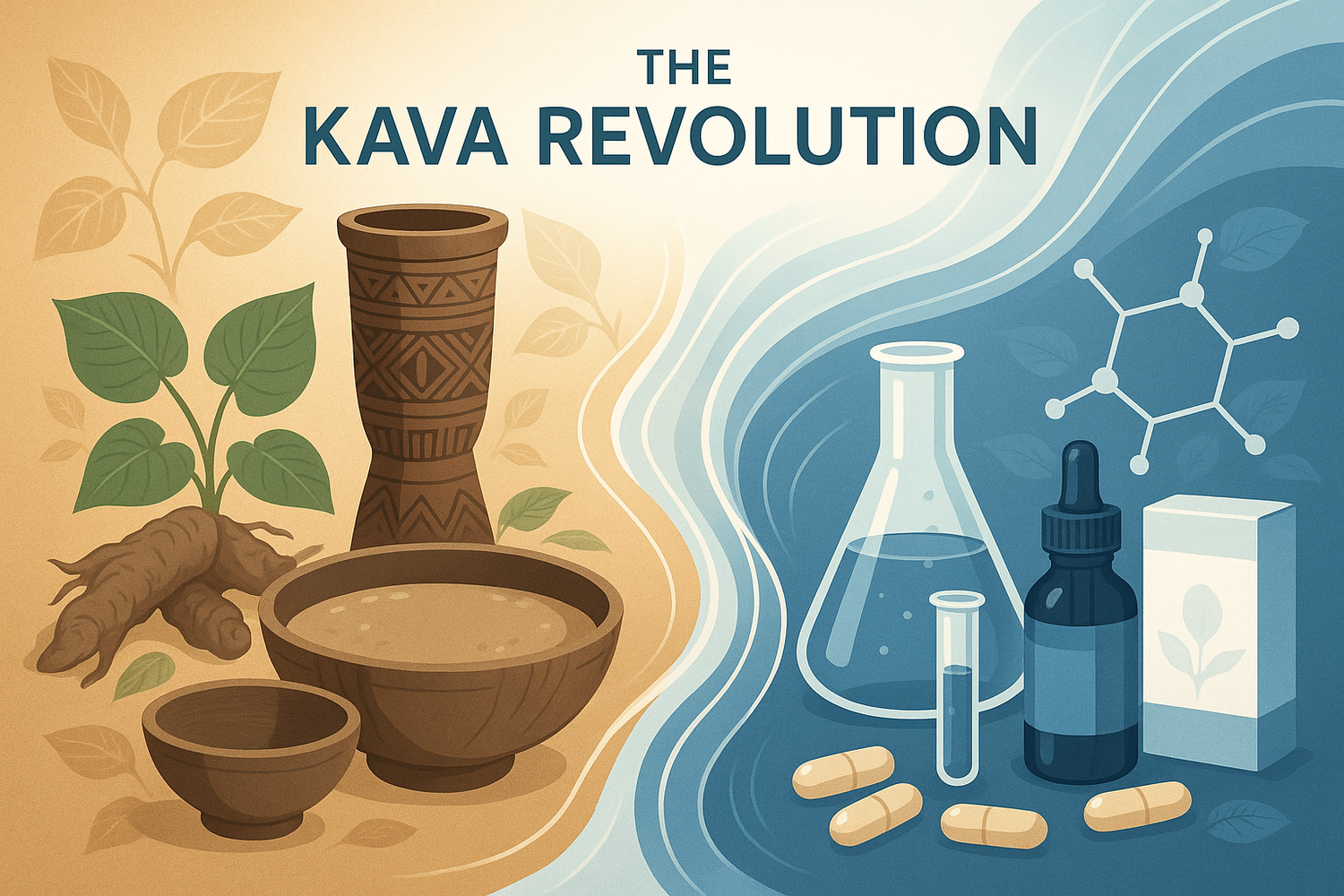 A modern cup of kava tea with kava roots and powder on a wooden surface, illustrating innovations in kava formulations and their evolving use.