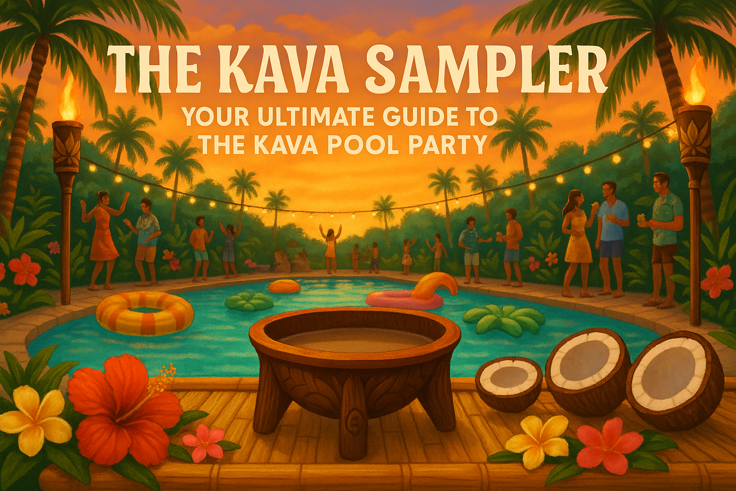 A variety of kava drinks in traditional and modern cups arranged on a table, representing a kava sampler experience at a pool party