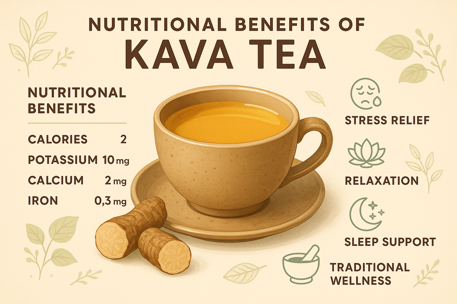 A cup of kava tea with kava roots and leaves on a wooden surface, highlighting the nutritional benefits of drinking kava