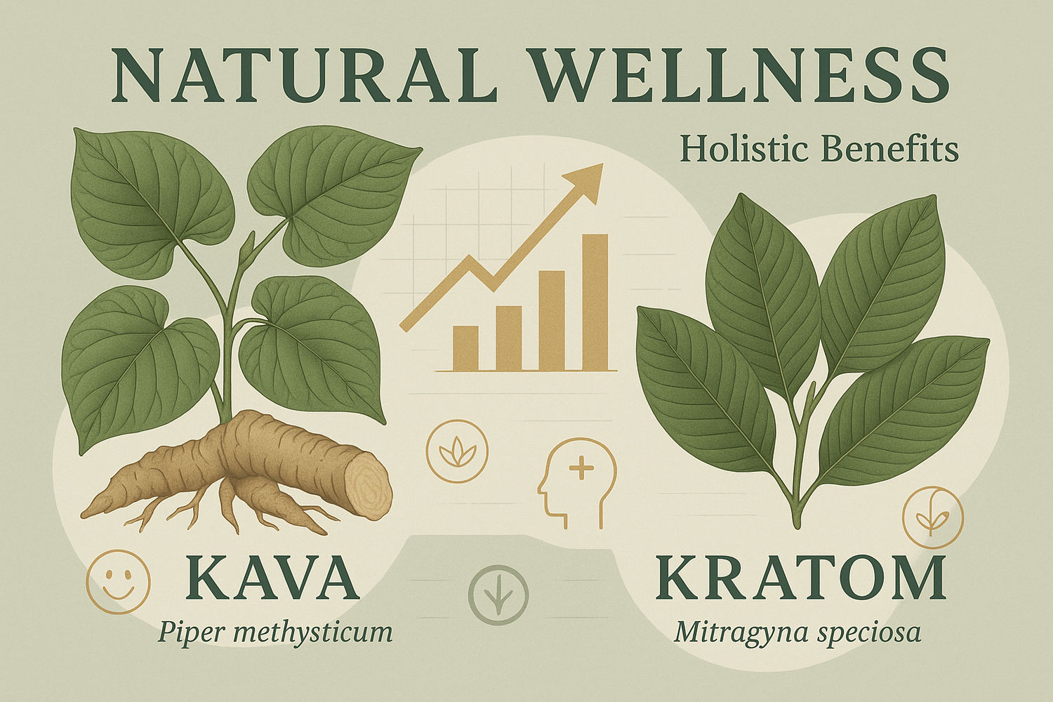 Kava roots and Kratom leaves displayed on a wooden surface with a cup of kava tea, representing the rising trend and holistic benefits of both herbal supplements