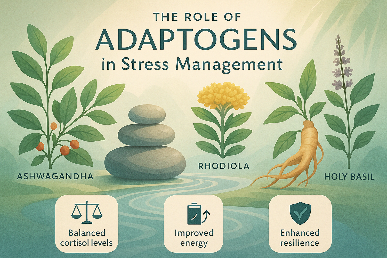 A variety of adaptogenic herbs and powders arranged on a wooden surface with a cup of herbal tea, representing their role in managing stress naturally.