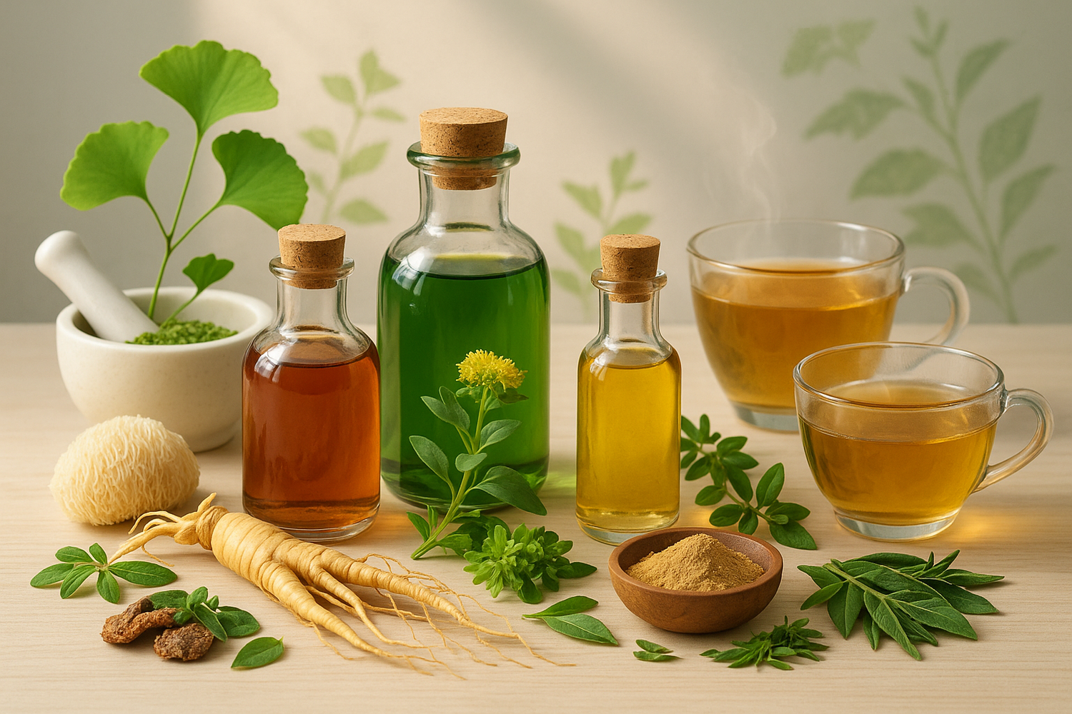 A variety of herbal elixirs in cups and bottles on a wooden surface with fresh herbs, representing their role in boosting energy and focus