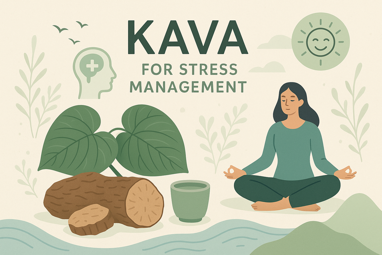 A cup of kava tea with kava roots and leaves on a wooden table, representing the use of kava in modern stress management and relaxation practices.