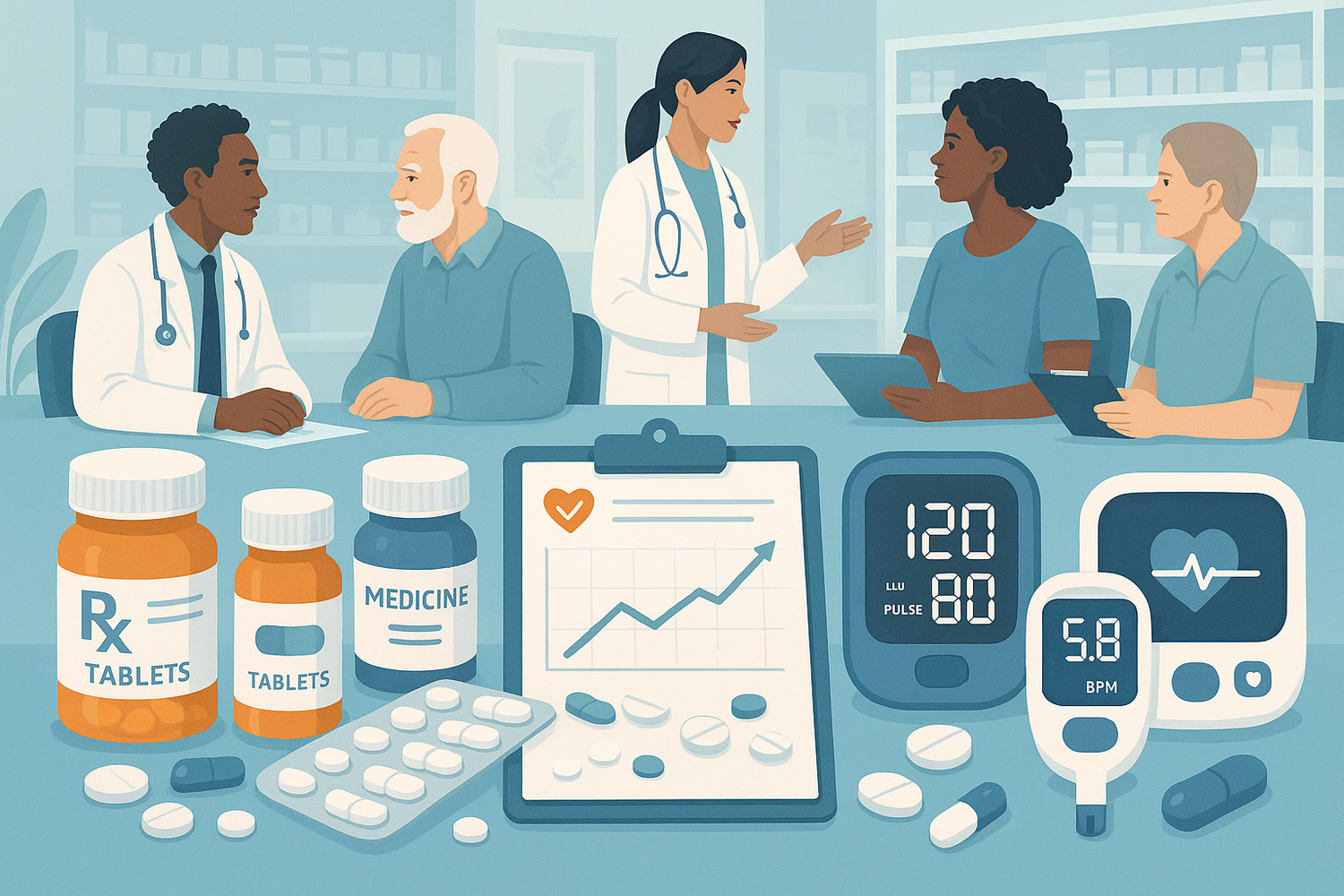 Prescription pill bottles, tablets, and capsules arranged on a wooden surface with a stethoscope, representing the role of modern pharmaceuticals in managing chronic diseases