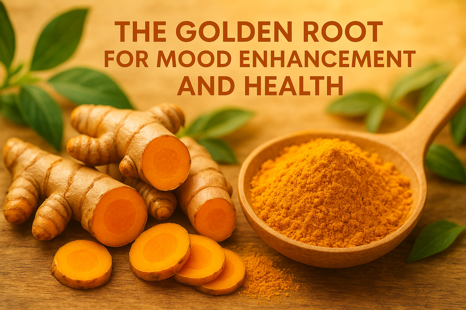 Fresh turmeric roots and powder on a wooden surface, highlighting their golden color and benefits for mood and overall health.