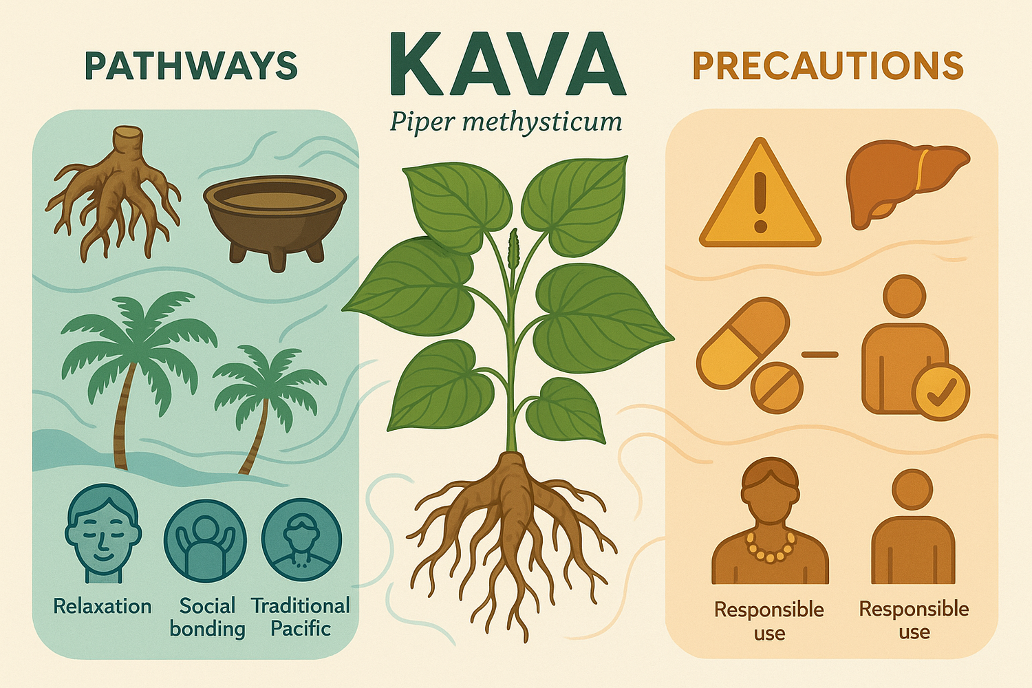 A cup of kava tea with kava roots and leaves on a wooden surface, accompanied by subtle medical icons, representing the multiple effects and safety precautions of kava consumption.