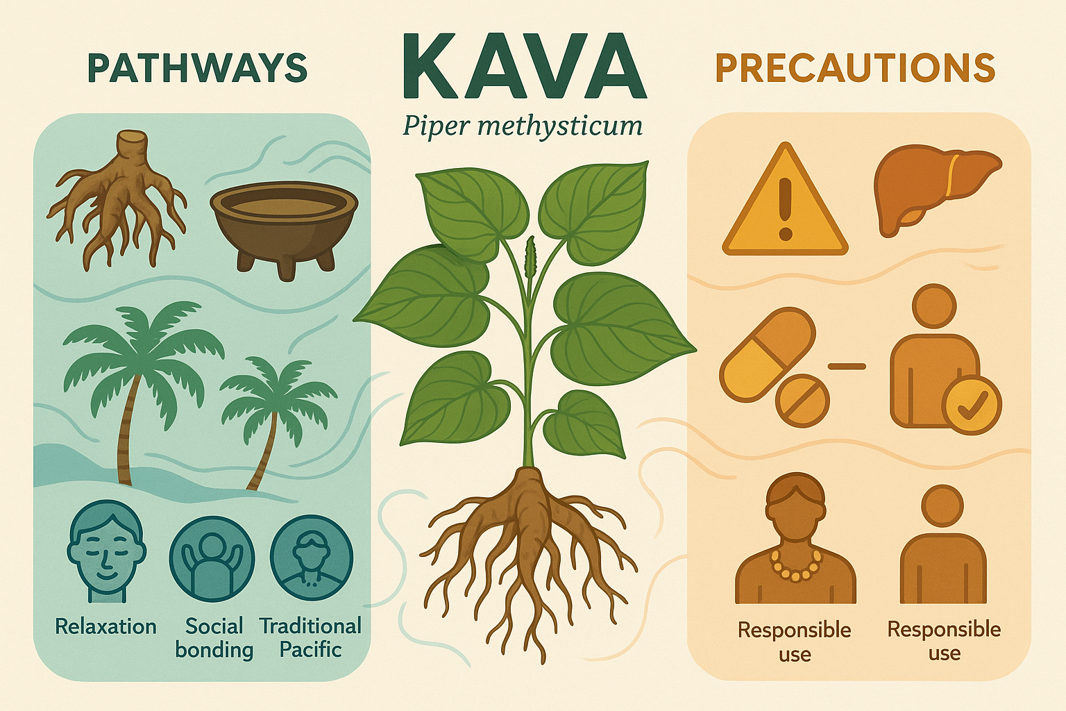 A cup of kava tea with kava roots and leaves on a wooden surface, accompanied by subtle medical icons, representing the multiple effects and safety precautions of kava consumption.