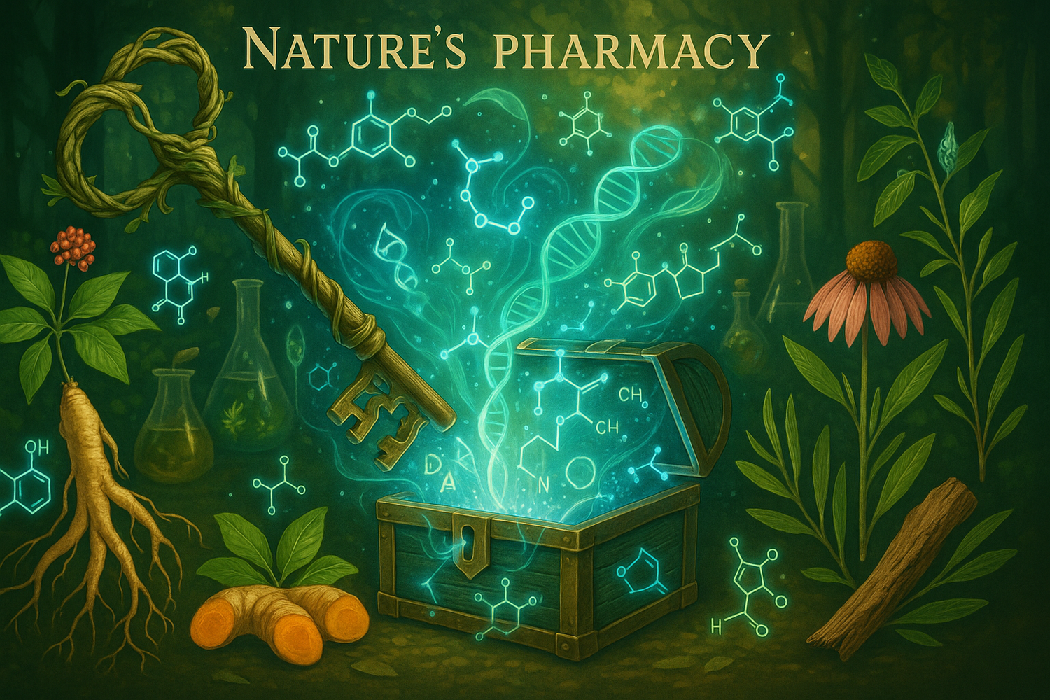 A variety of medicinal herbs, roots, and powders on a wooden surface with subtle molecular and chemical icons, representing the exploration of bioactive compounds in nature