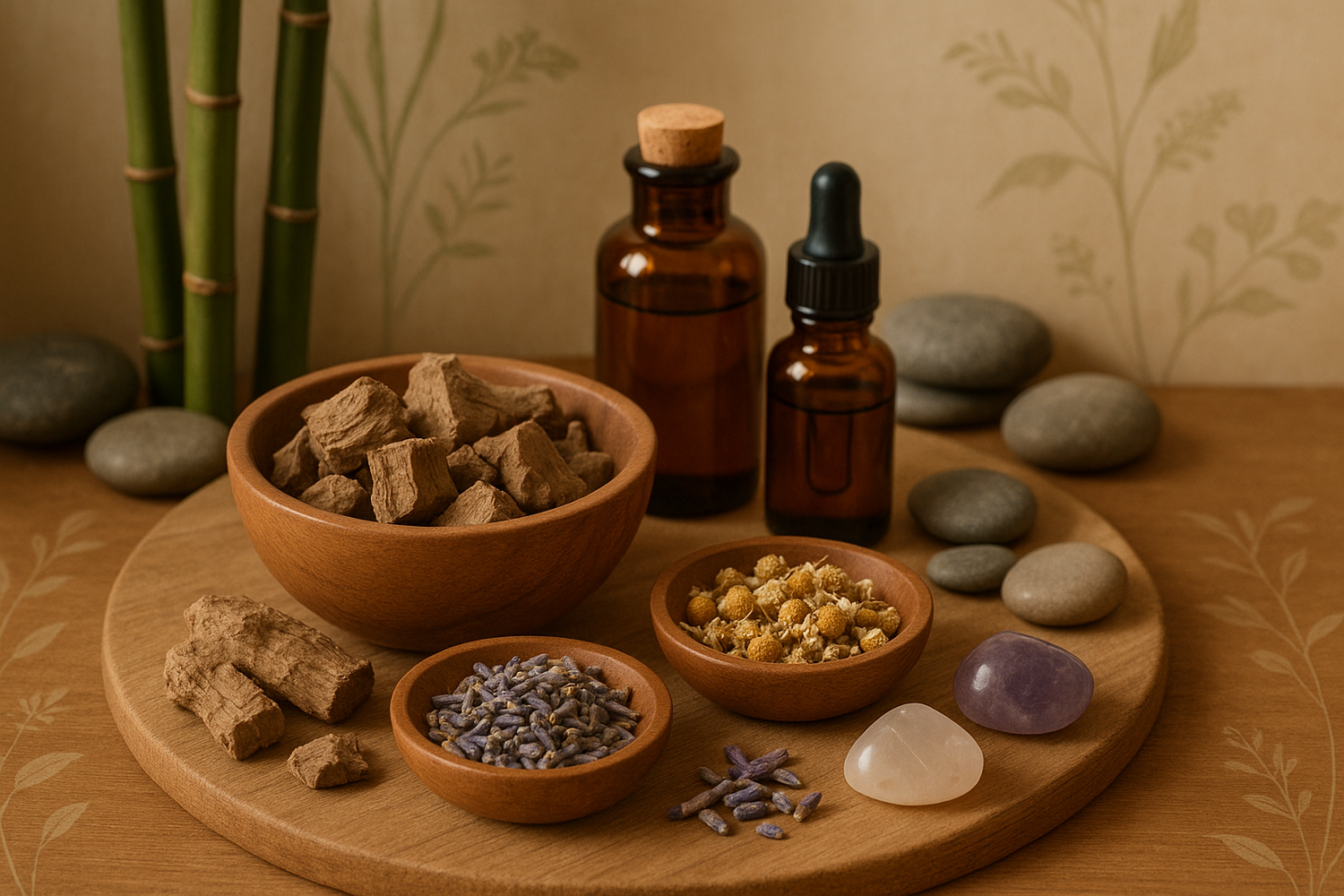 A cup of kava tea surrounded by various calming herbs on a wooden surface, representing the synergy of kava with natural remedies for relaxation and tranquility.