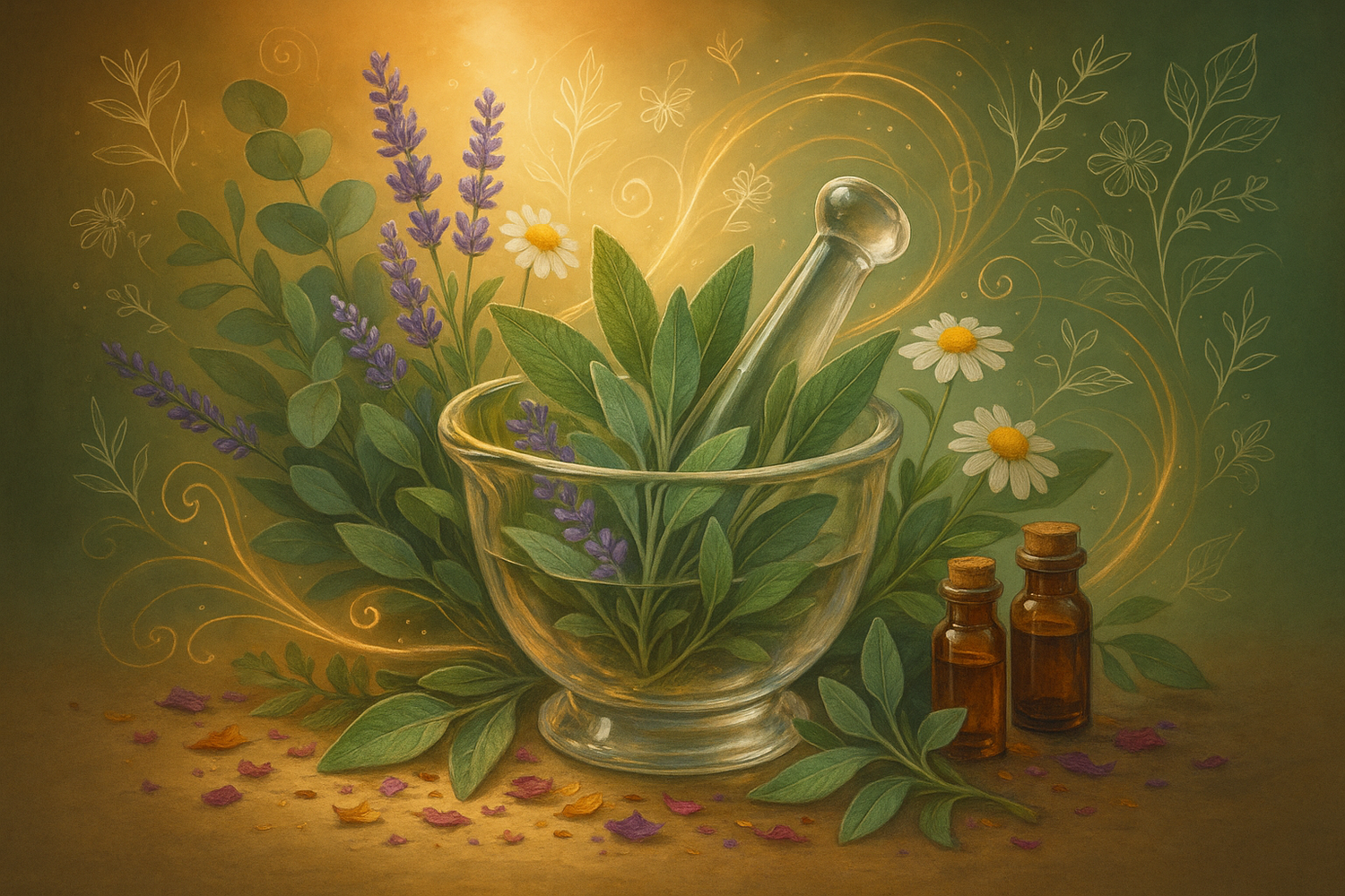 A variety of fresh herbs, powders, and herbal teas on a wooden surface, representing the power and benefits of herbal therapies