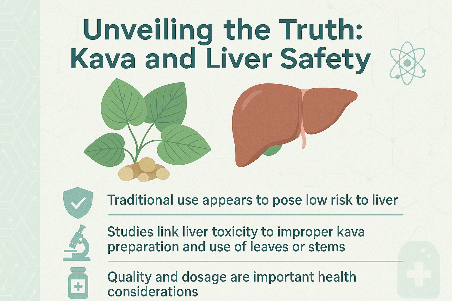 Kava roots, powder, and a cup of kava tea on a table, accompanied by a subtle medical symbol, representing liver safety considerations when consuming kava.