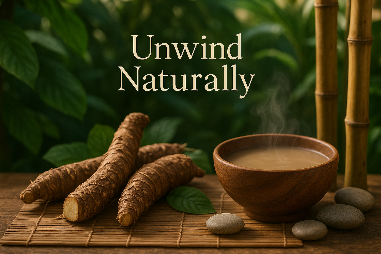 A cup of kava tea with kava roots and leaves on a wooden surface, representing natural anxiety relief through kava consumption.