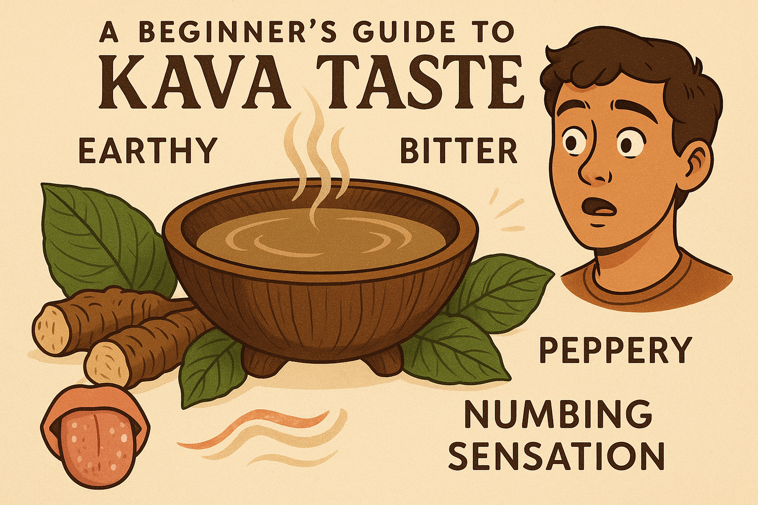 A cup of prepared kava tea with kava roots on a wooden surface, representing the taste experience and beginner’s guide to drinking kava