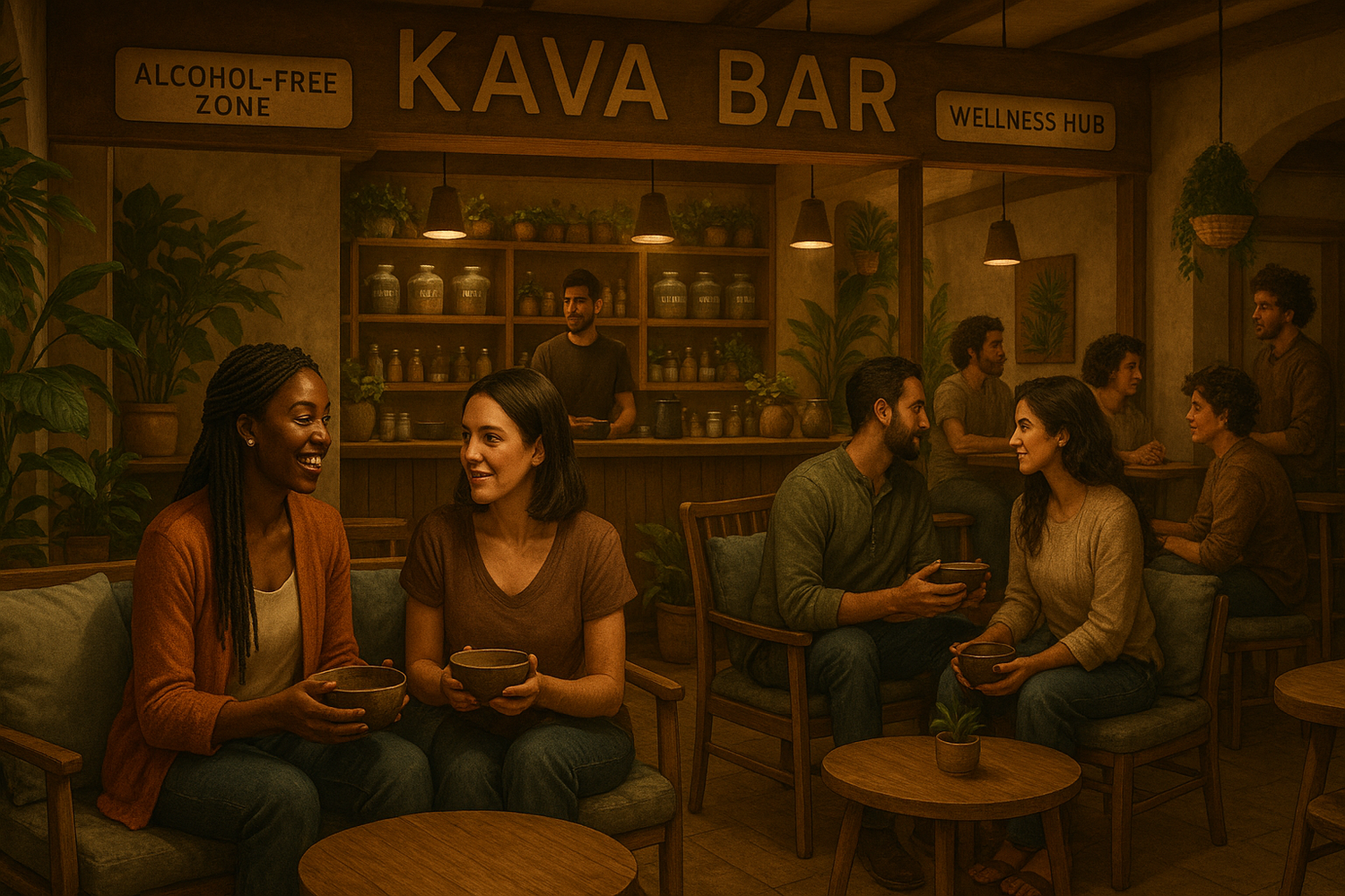 People enjoying kava drinks at a modern kava bar, representing alcohol-free relaxation and social wellness hubs