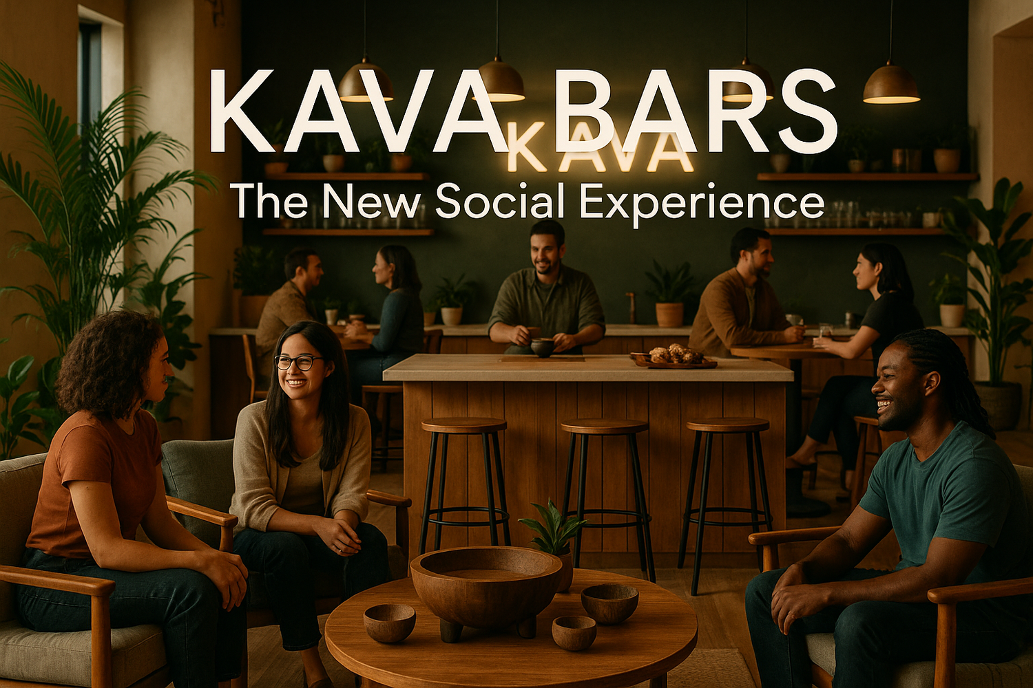 People enjoying kava drinks at a modern kava bar, representing the growing social trend of alcohol-free relaxation and community spaces