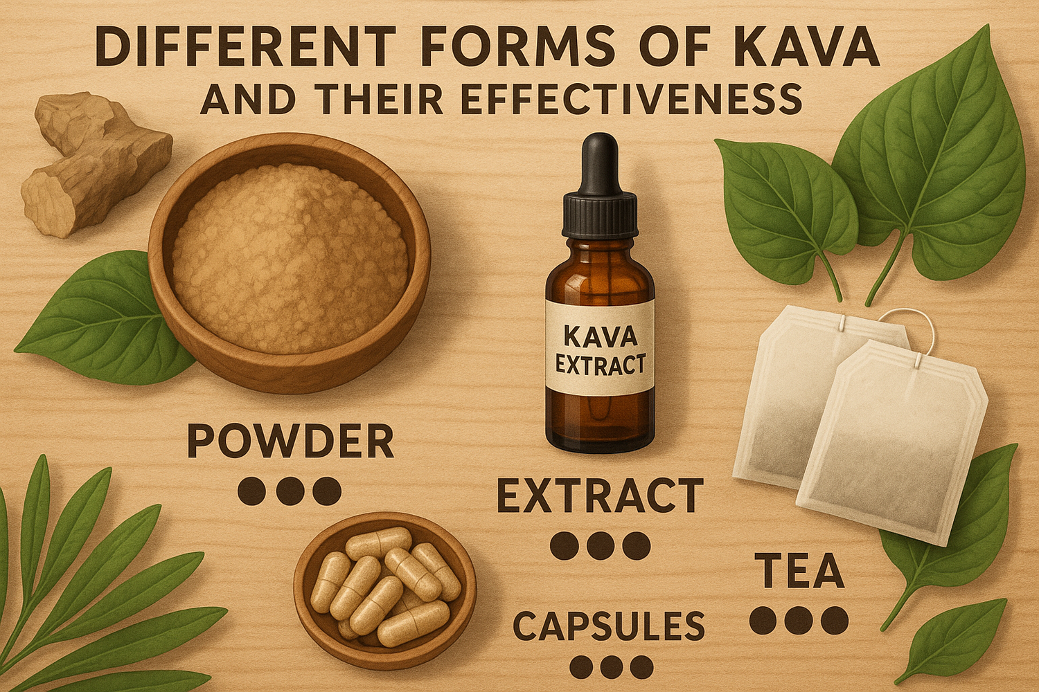 Different forms of kava including root, powder, capsules, and extract displayed on a wooden surface, illustrating the most effective consumption methods