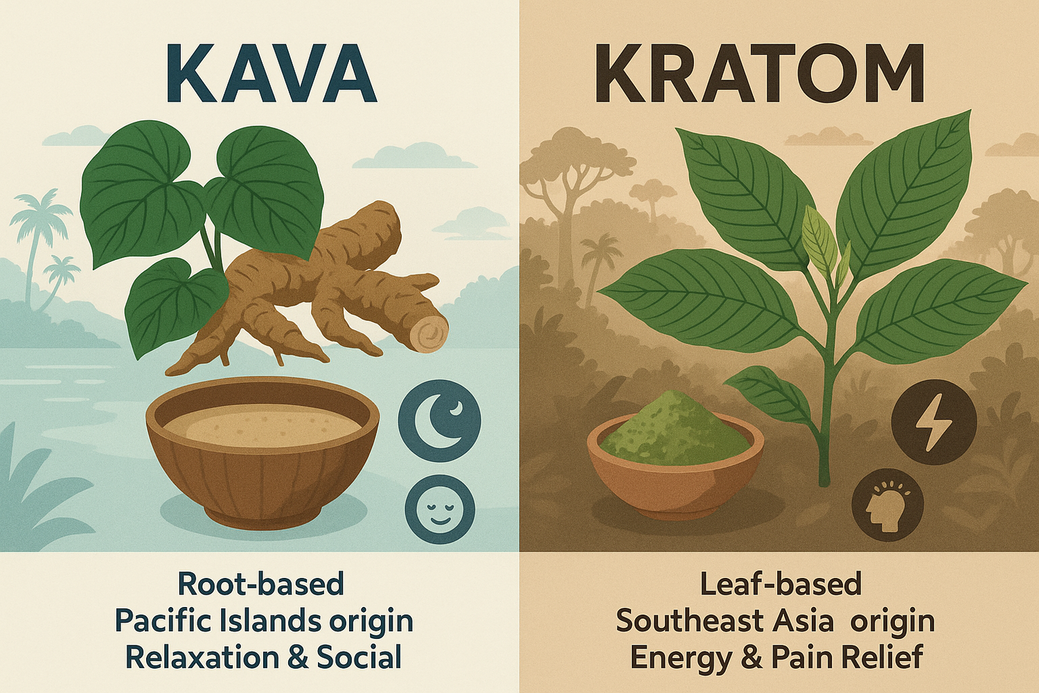Kava roots and Kratom leaves displayed side by side on a wooden surface, illustrating the differences between the two herbal supplements