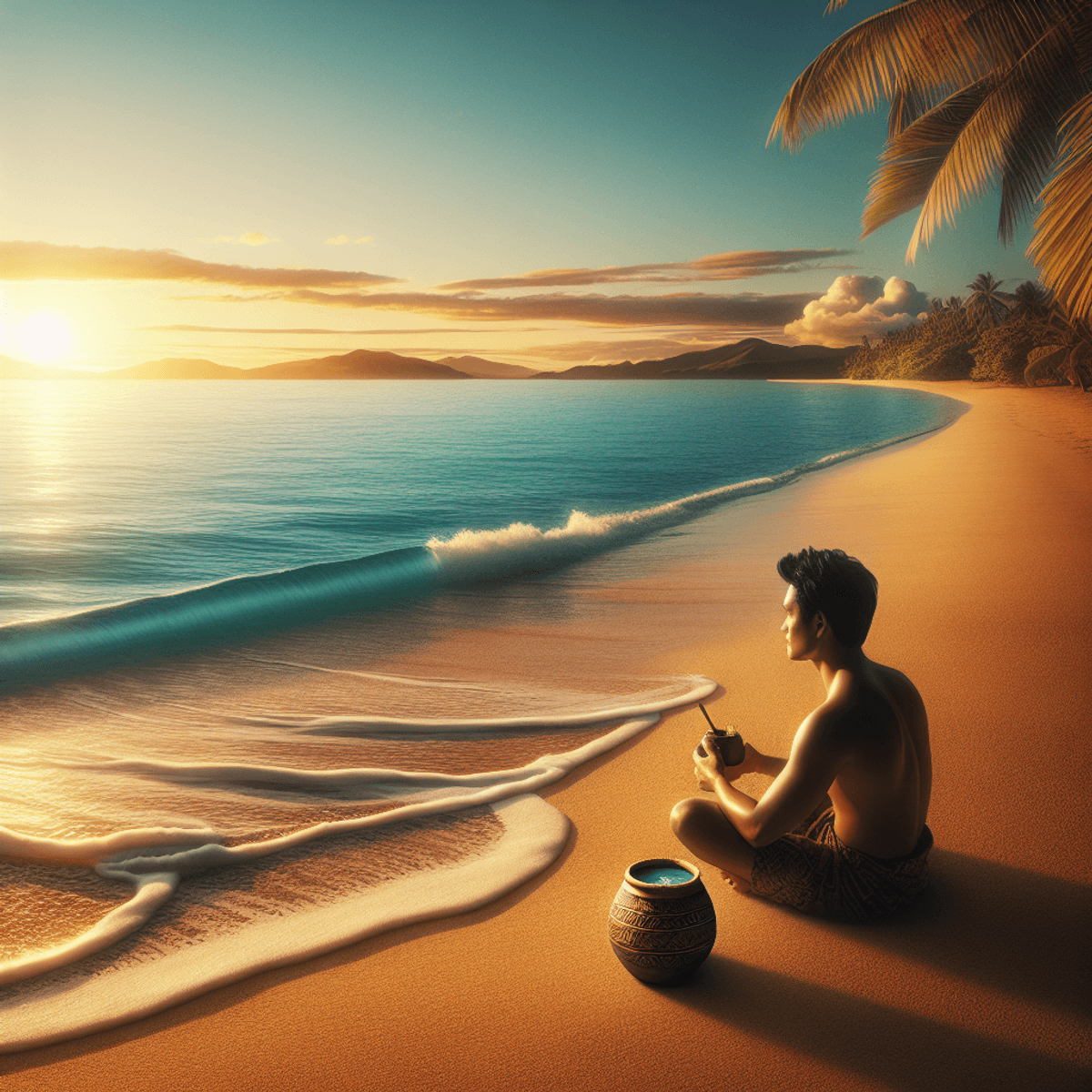 An individual of Asian descent sits on golden sand at a serene beach in Fiji, holding a cup of traditional Fijian kava. The soft waves gently brush the coastlin