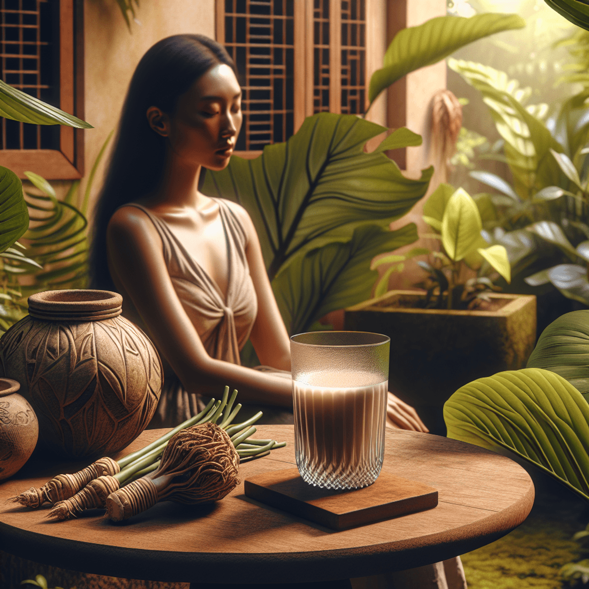 A tranquil scene featuring a wooden table in a lush tropical environment filled with vibrant green plants. A transparent glass filled with kava beverage sits on