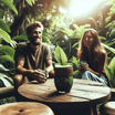 A glass of kava rests on a wooden table surrounded by lush greenery, with two friends, one Caucasian and one Hispanic, smiling and sharing a relaxed moment toge