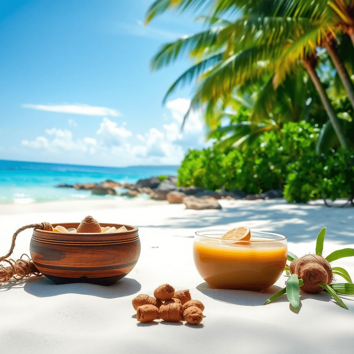 A tranquil beach scene with a vibrant blue ocean, soft white sand, and lush greenery. A traditional bowl of kava with fresh roots is in the foreground, symboliz